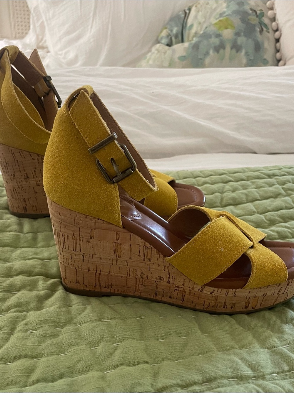 Crown Vintage Mustard Yellow Suede Cork Wedge Sandals, size 6